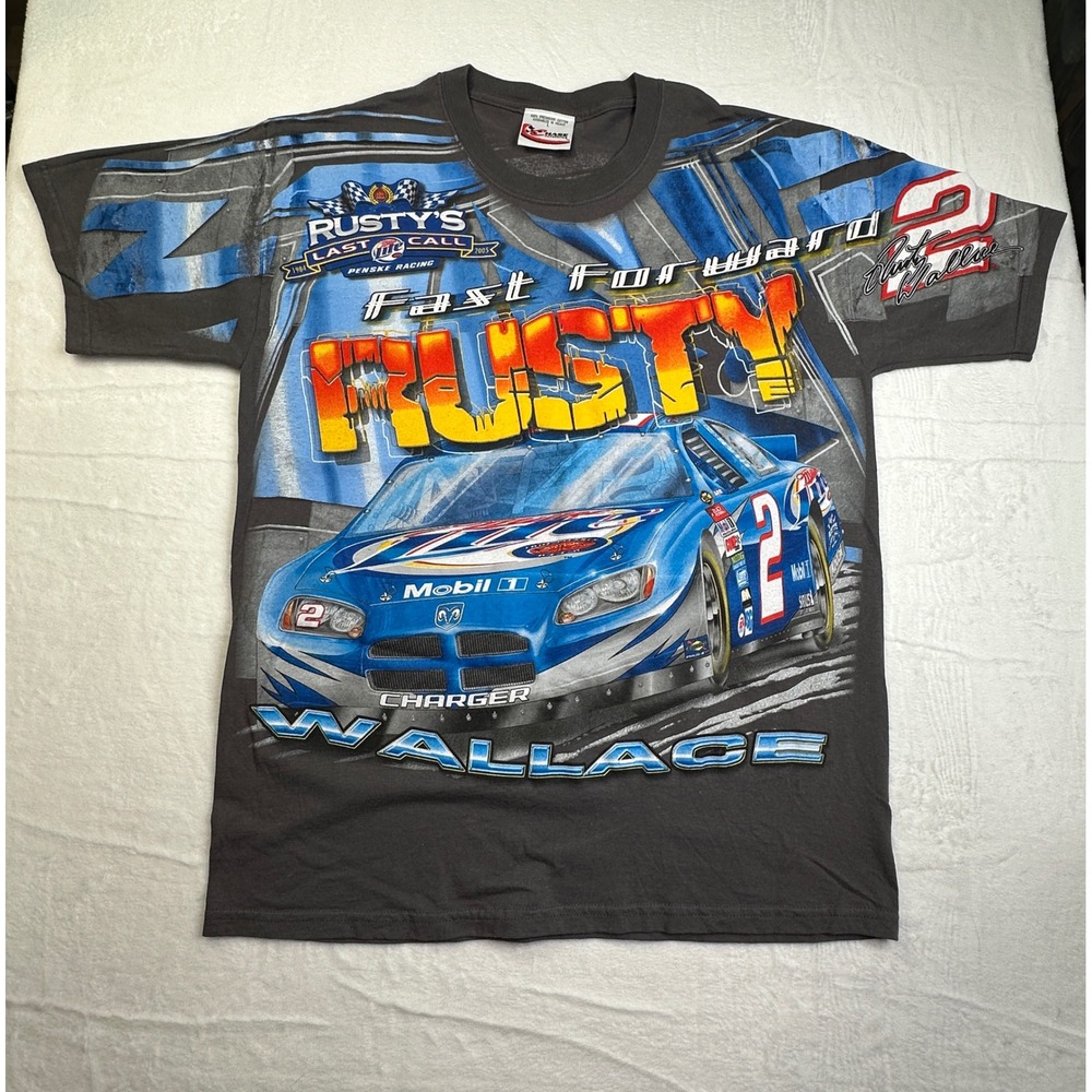 Chase Authentics Rusty Wallace T-Shirt Mens L Black NASCAR Racing All Over Print
